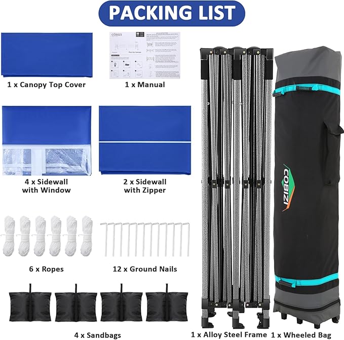 COBIZI 10x20 Pop Up Canopy with 6 Sidewall,Heavy Duty Canopy UPF 50+ All Season Wind Waterproof Commercial Outdoor Wedding Party Tents for Parties Gazebo with Roller Bag(10 x 20 ft Dark Blue)