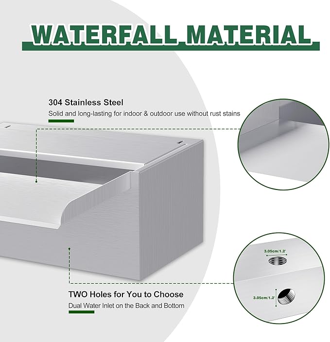 Pond Waterfall Spillway LONGRUNNEW 304 Stainless Steel 11.8" Rectangular Waterfall Spillway, Water Fall Fountain with Pipe Connector for Garden Outdoor, Swimming Pools, Fountains, Pond and Spa