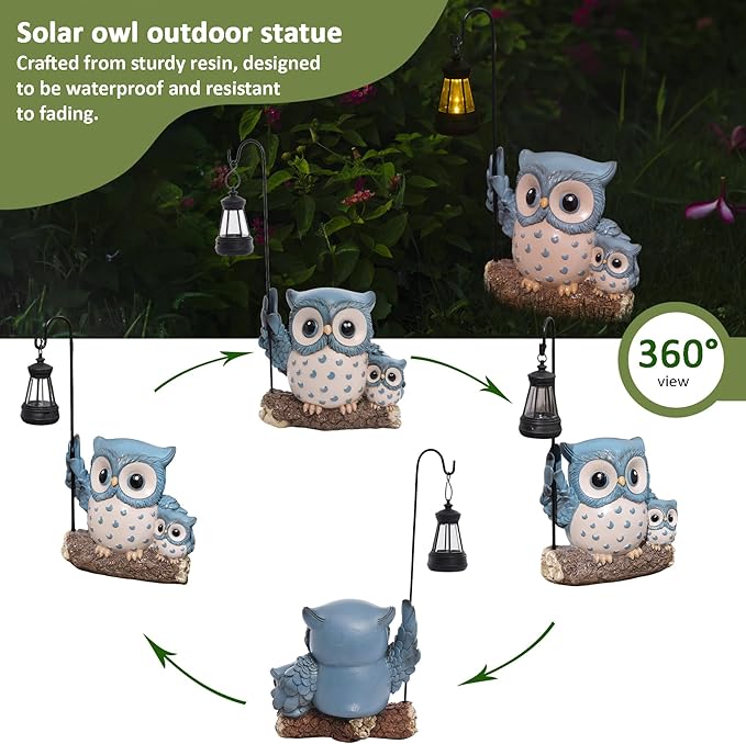 Garden Statues Owl with Solar LED Lantern, Resin Solar Garden Decor for Outside, Yard Decorations Outdoor for Patio, Porch, Balcony, Lawn Ornaments, House Warming Birthday Gifts for Mom Women Grandma