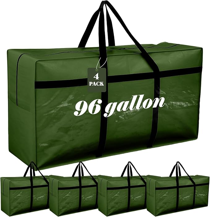 4 Pcs 96 Gallon Large Moving Bags with Zipper and Handles Foldable Storage Duffle Bags Heavy Duty Extra Large Totes for College Dorm Travel Clothes Blankets Bedding Moving (Green)
