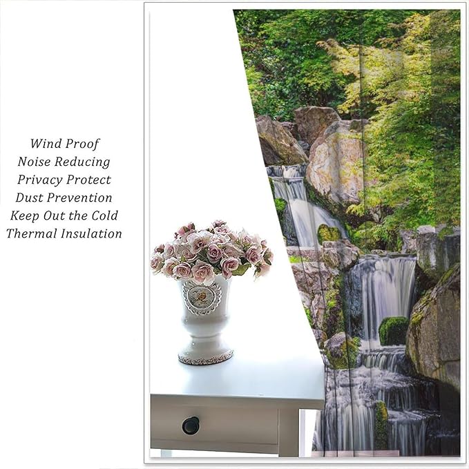 View Waterfall Blackout Curtains, Forest Waterfall Retro Style Natural Scenery Garden Art Landscape Rod Pocket Window Drapes, for Living Room Bedroom 42" W X 45" L