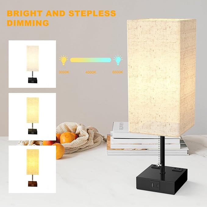 Table Lamp for Bedroom with USB, Bedside Lamp with USB C+A Charging Ports