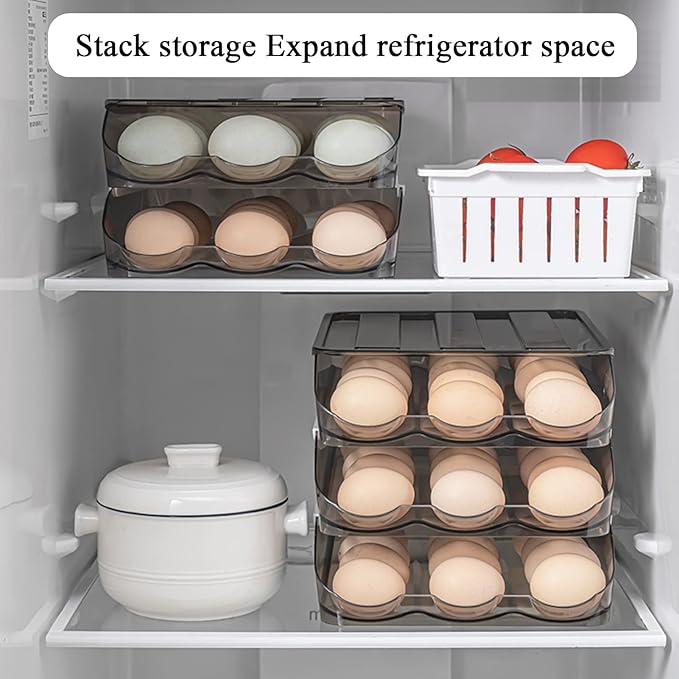 Egg Holder for Refrigerator Auto Scrolling Organizer Plastic Stackable Storage Container Reusable Clear Tray Box Basket Bin Lid Drawer Carrier Keeper(1 Layer)