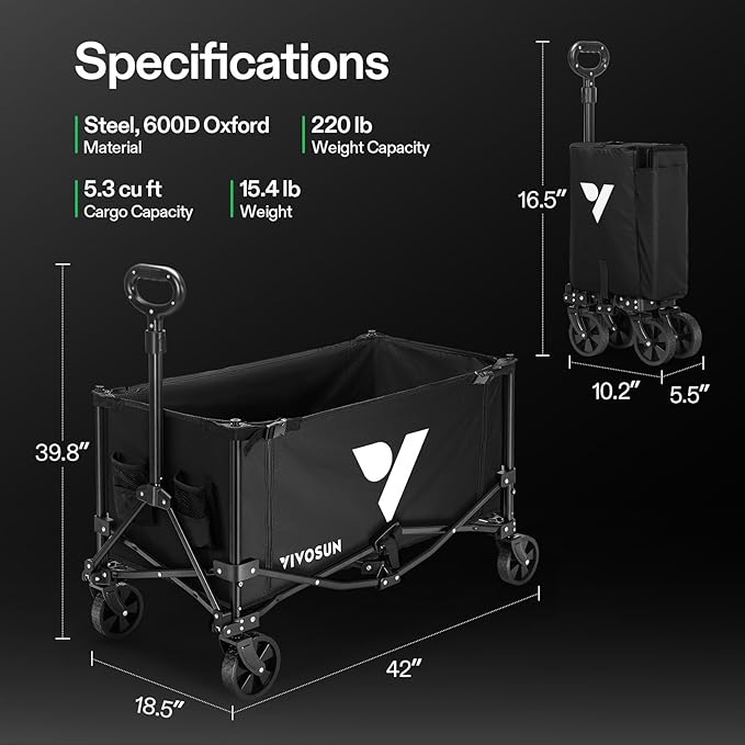VIVOSUN Collapsible Wagon with Side Gates, 220lb Load-Bearing Outdoor Utility with All-Terrain Wheels, Adjustable Handle, Cup Holders for Camping, Shopping, Garden, Sports, Picnic, Black