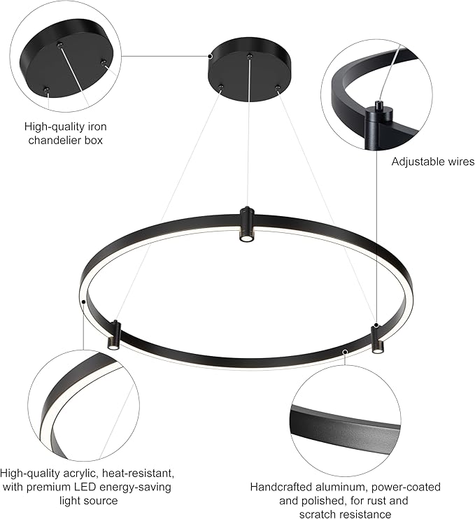 LED Black Chandeliers Modern Pendant Light, 40W Dimmable, 1 Rings Dimmable
