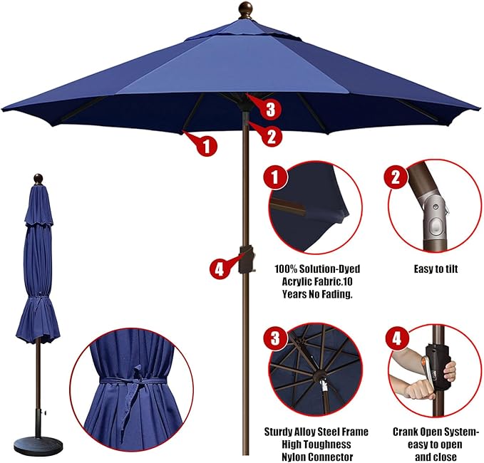 EliteShade USA 10-Year-Non-Fading 10Ft Market Umbrella Patio Umbrella Outdoor Table Umbrella with Ventilation, Navy Blue