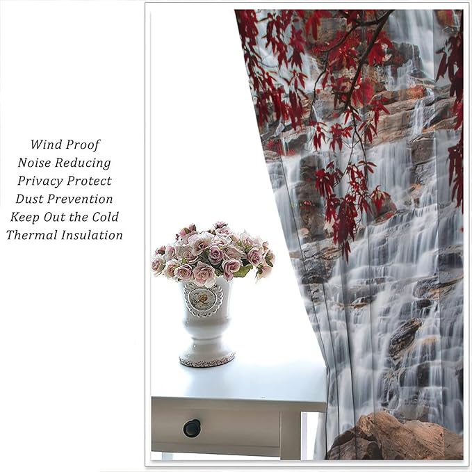 Waterfall Blackout Windows Curtains, Waterfall Red Forest Pattern Nature View Curtains, for Living Room Bedroom 42x54in 2 Panels