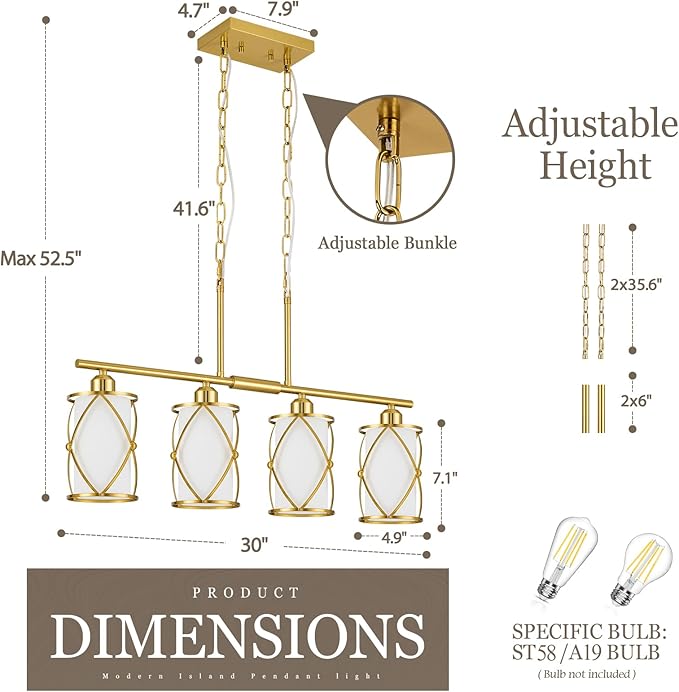 4-Light Kitchen Island Lighting, Brushed Gold Linear Dining Room Light Fixtures