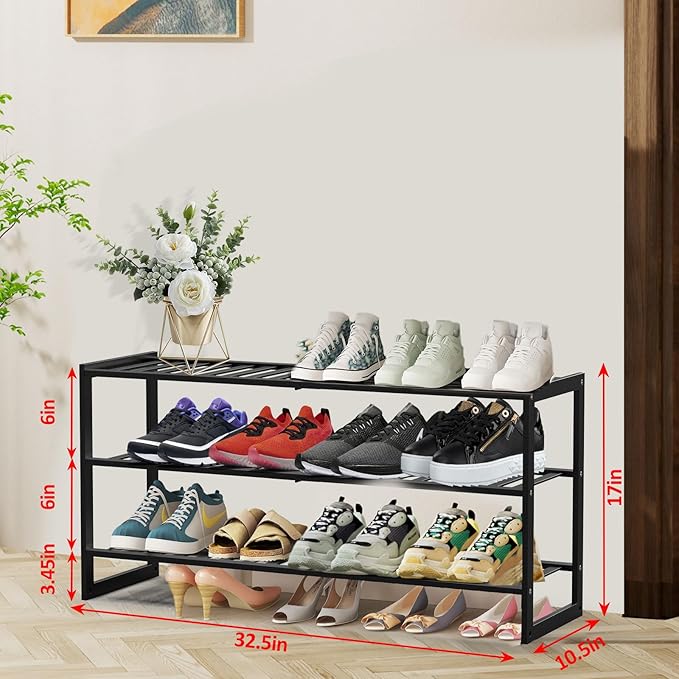 Bamboo Shoe Rack for Closet, Stackable 3 Tier Longer Shoe Organizer Shelf Holder Storage 12-15 Pairs for Entryway Door Hallway Bedroom Garage Space Saving Foldable Black