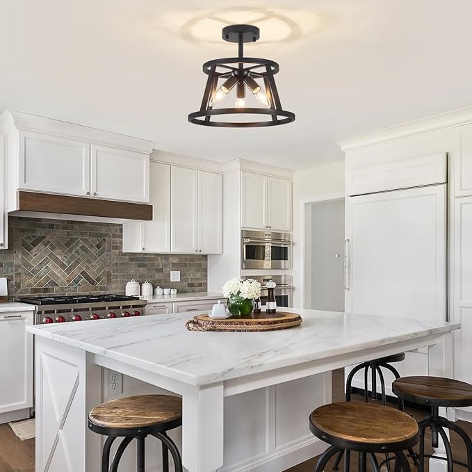 12.59" Black Semi Flush Mount Ceiling Light, 3-Light Modern Close to Ceiling