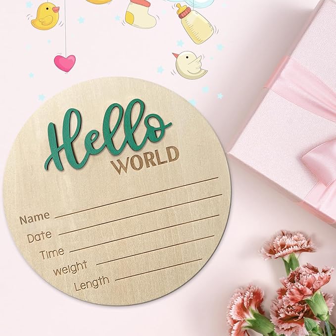 Baby Announcement Sign, 5.9 Inch Wooden Hello World Newborn Sign, Birth Announcement, Baby Shower Hospital Nursery for Newborn Boys and Girls (Green)