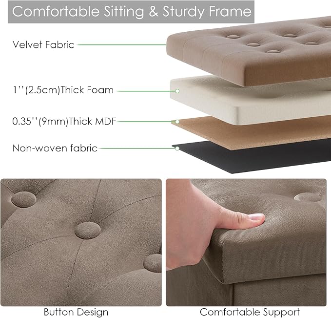 PRANDOM Jumbo Ottoman with Storage [1-Pack] Velvet Folding Small Square Foot Stool with Lid for Living Room Bedroom Coffee Table Dorm Dark Coffee 43x15x15 inches