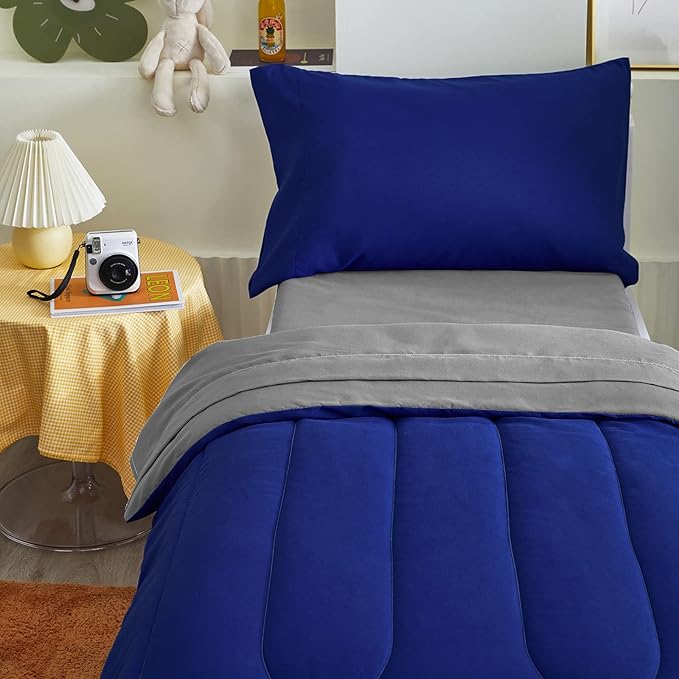 4 Pieces Toddler Bedding Set Ultra Soft and Breathable Toddler Comforter Sheet Set for Autumu and Winter- Includes Warm Comforter, Flat Sheet, Fitted Sheet and Pillowcase - Royal Blue & Gray