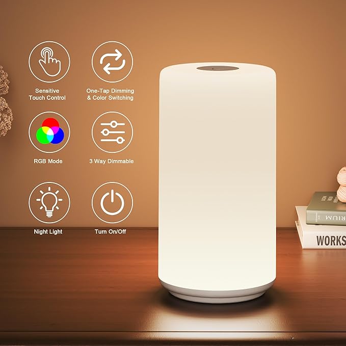 Touch Bedside Table Lamp, 3 Way Dimmable Warm White Lights