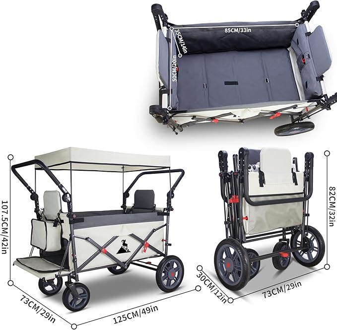 Foldable Wagon with Canopy - Collapsible Utility Cart with 2 Seats & Belts, Adjustable Handle, Expandable Front for Camping, Picnic, Shopping (Beige/Grey)