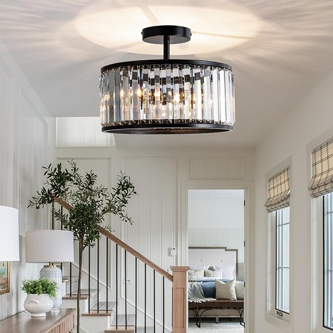 Black Crystal Ceiling Light Fixture, 3 light crystal Semi Flush Mount Ceiling