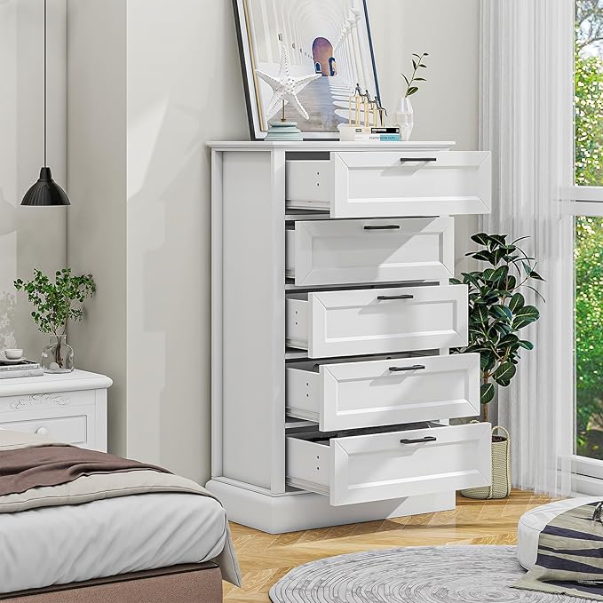 White Dresser with 5 Drawers, Vertical Storage for Bedroom, Wood Tall Dresser for Hallway, Wooden Tall Chest of Drawers for Entryway, Nursery, Lingerie Chest Drawer, Modern Farmhouse Style