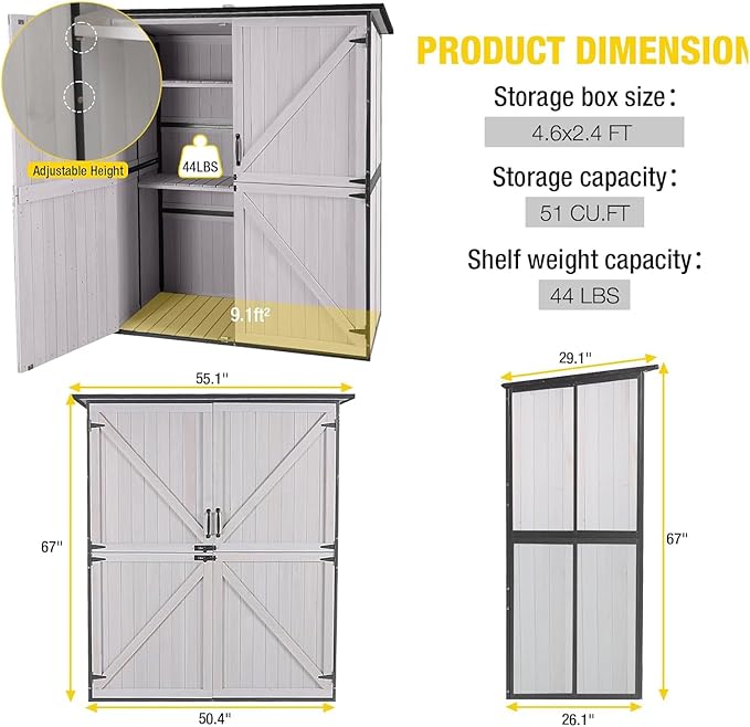 Aivituvin Shed Outdoor Storage Cabinet with Durable Metal Frame Waterproof Garden Tool Storage with Adjustable Shevels and Floor for Backyard Garden Patio Lawn, 55" L, Off White