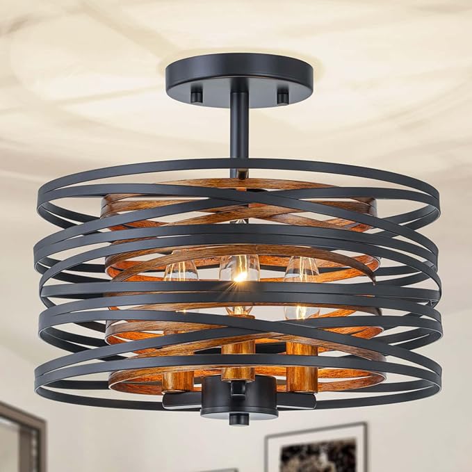 3-Lights Farmhouse Ceiling Light Fixture, Rustic Close to Ceiling