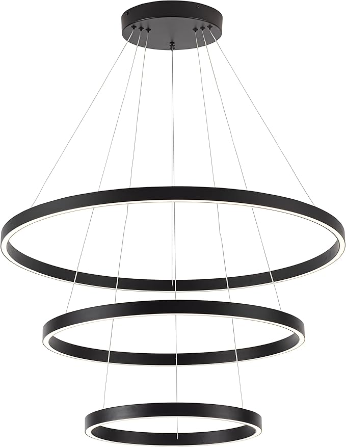 Elegant 3-Rings Black Modern LED Chandelier – Fully Dimmable High Ceiling