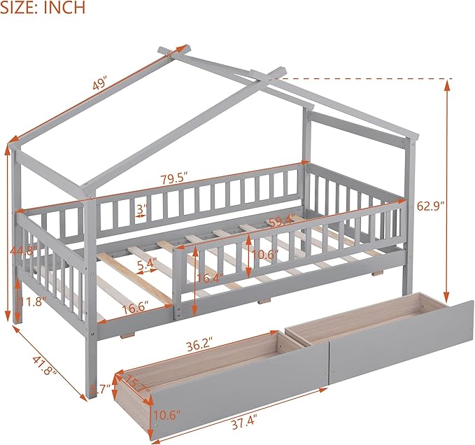 Twin House Bed with 2 Storage Drawers, Kids Twin Bed Frame with Rails and Roof, Tent Bed, Wooden Twin Daybed, Twin Montessori Bed for Kids Teens Girls & Boys, No Box Spring Needed (Gray)