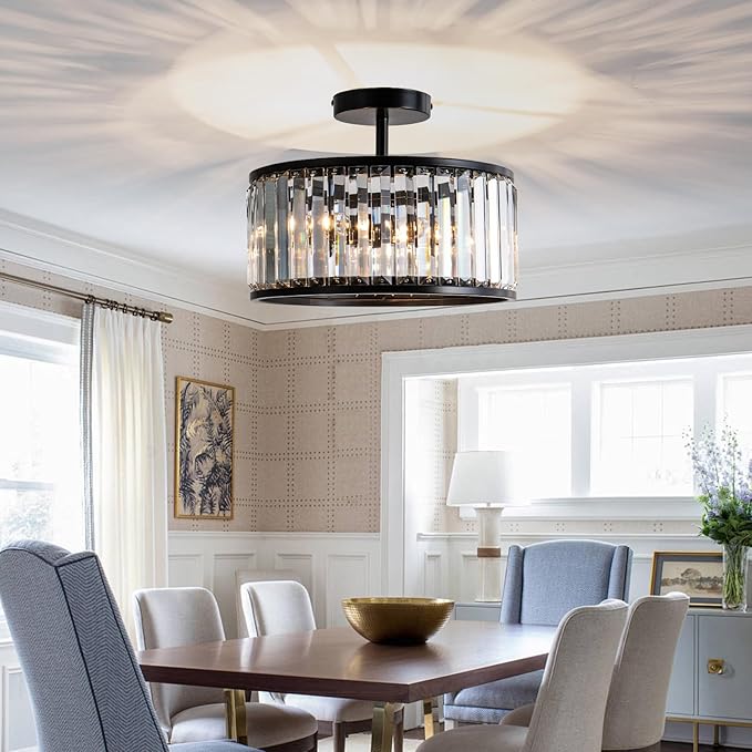 Black Crystal Ceiling Light Fixture, 3 light crystal Semi Flush Mount Ceiling