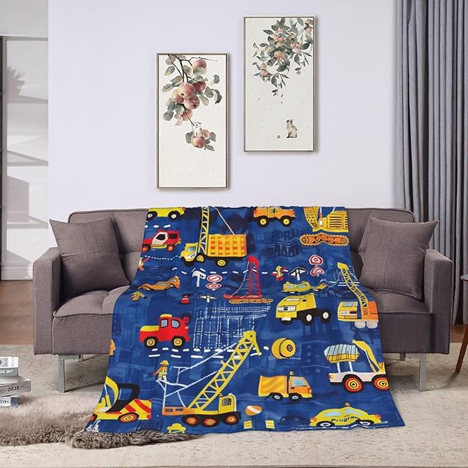 Excavator Blanket Construction Decor Throw Blanket Super Soft Flannel Lightweight Fluffy Plush Fuzzy Fleece Toddler Blanket Gifts for Kids Boys Girl Woman for Bed Sofa Bedding 50"X60"