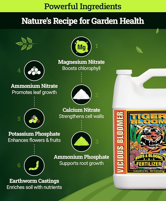 FoxFarm Tiger Bloom Liquid Fertilizer Concentrate - Fast Acting Formula for Vicious Growth with Phosphorus - Encourages Fruit, Flower & Bud Development, NPK 2-8-4 (Gallon)