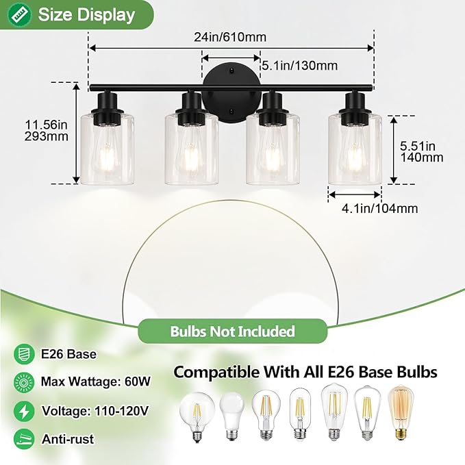 4-Light Bathroom Light Fixtures, Matte Black Modern Vanity Lights Over Mirror