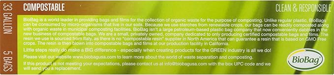 BioBag USA 100% Certified Compostable Lawn & Leaf Yard Waste Bags, 33 Gallon, Large Capacity and Weather Resistant, 60 Count