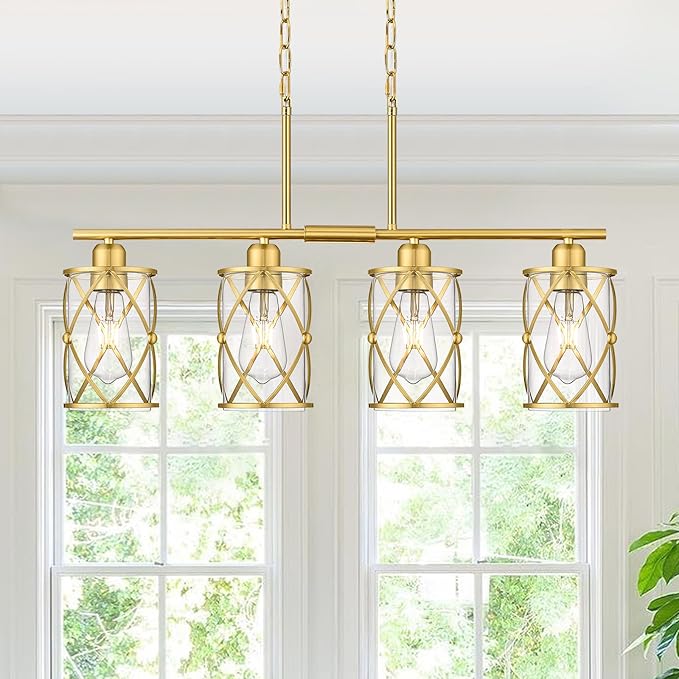 4-Light Kitchen Island Lighting, Modern Brushed Gold Dining Room Light Fixtures