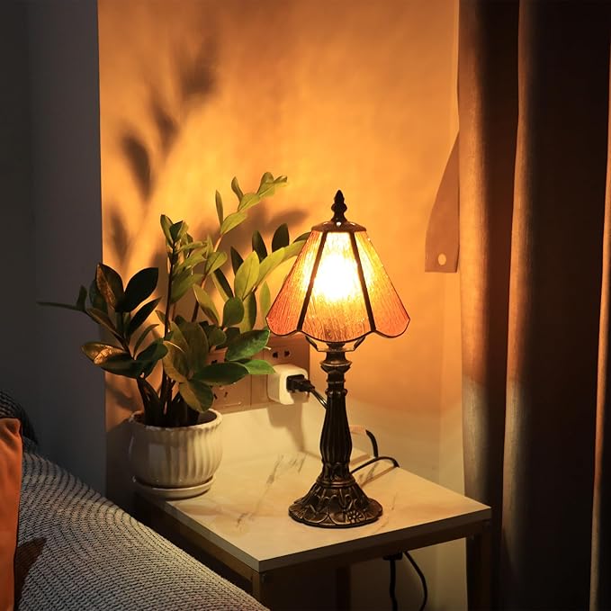 Small Tiffany Table Lamp Orange Bark Pattern Style Stained Glass Desk Lamps