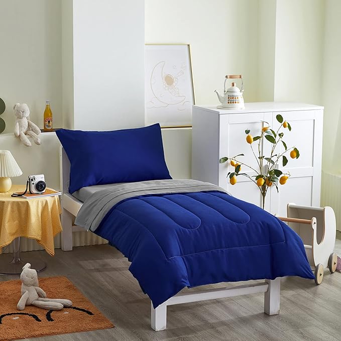 4 Pieces Toddler Bedding Set Ultra Soft and Breathable Toddler Comforter Sheet Set for Autumu and Winter- Includes Warm Comforter, Flat Sheet, Fitted Sheet and Pillowcase - Royal Blue & Gray