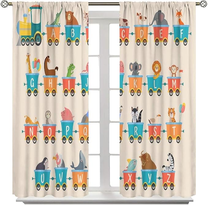 Kids Alphabet Curtains Funny Trains Letter Education School Cute Cartoon Animal Printed Curtain with Rod Pocket for Bedroom Living Room Drapes Window Treatments 2 Panels Set 42" W X 54" L