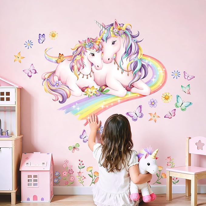 Tanlaby Rainbow Unicorn Wall Decals Flowers Butterflies Unicorn Wall Stickers Peel and Stick Wall Art Decor for Baby Nursery Girls Bedroom Daycare Playroom