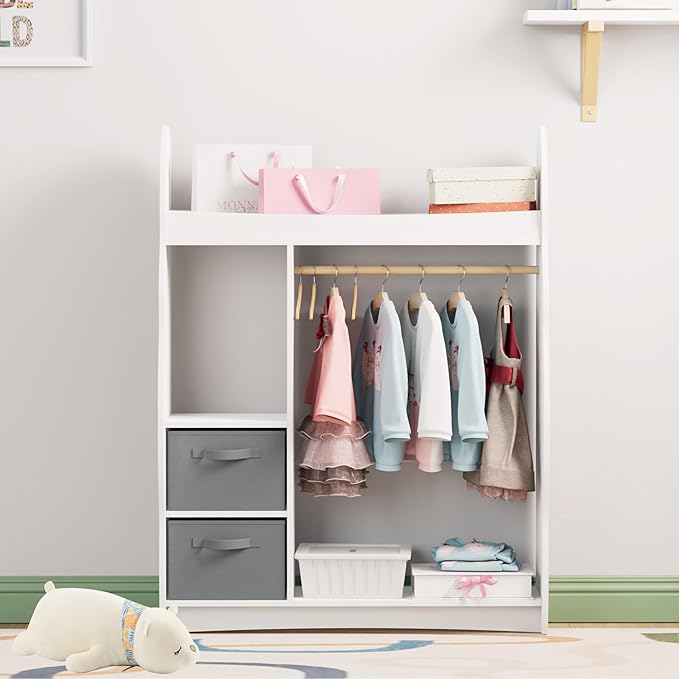 Kids Dress Up Storage Rack Mirror Wood Child Wardrobe 2 Hooks 2 Fabric Bins Toddler Closet Girls Boys Open Hanging Armoire Storage Shelf Coat Costume Hat Shoe (Cloud+White+Two Drawers)