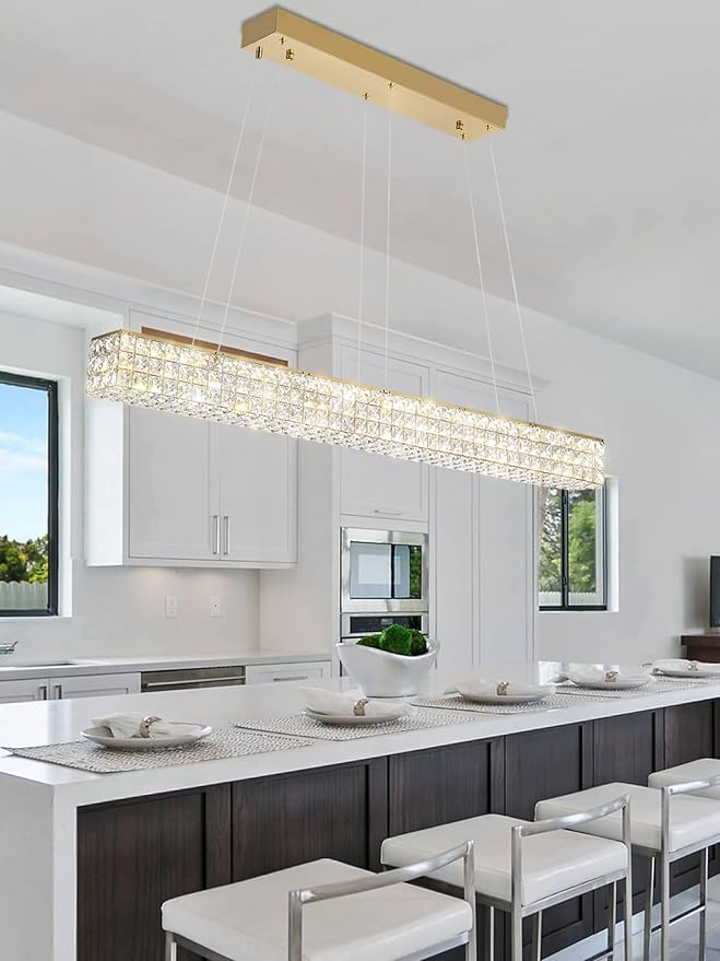 W48 Rectangular Gold Crystal Chandelier Modern Rectangle Pendant Ceiling Light