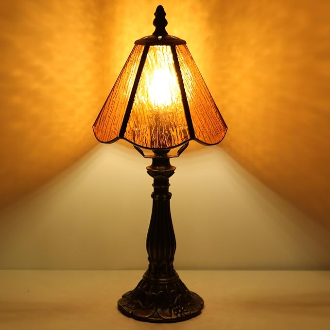 Small Tiffany Table Lamp Orange Bark Pattern Style Stained Glass Desk Lamps