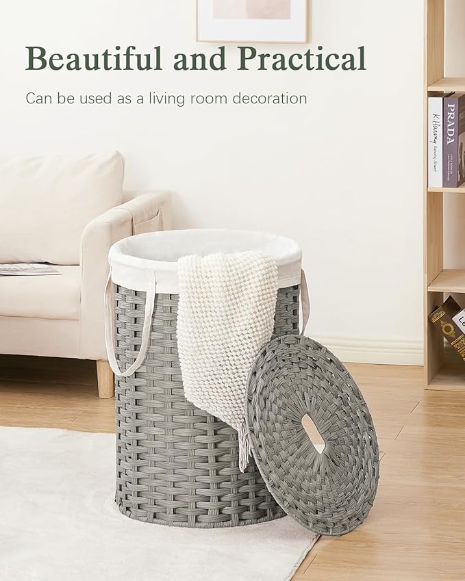 Laundry Basket with Lid Round Rattan Laundry Hamper with Lid and Handles 29.1 Gal (110 L) Handwoven Woven Basket with Removable Bags and 2 Mesh Bags for Bathroom Living Room Gray