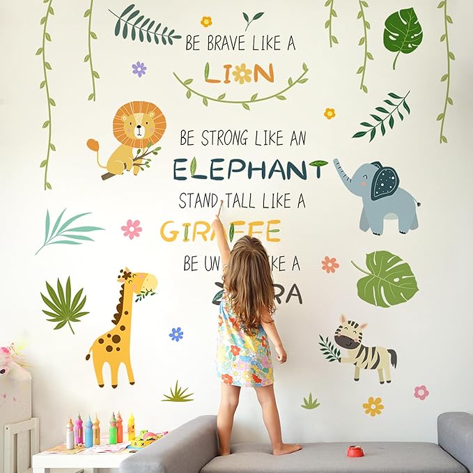Cute Jungle Theme Wall Stickers Removable Animal Forest Wall Decals Elephant Monkey Lion Giraffe Zebra Peel and Stick Tropical Wall Art Decor for Nursery Bedroom Classroom (Green)
