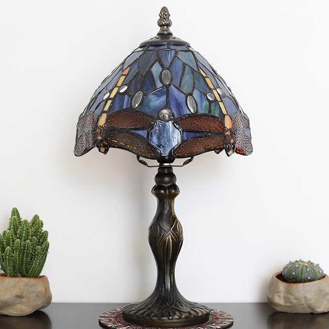 Tiffany Style Lamp Stained Glass Table Lamp 8 x 14.5 Mini Accent Light Blue