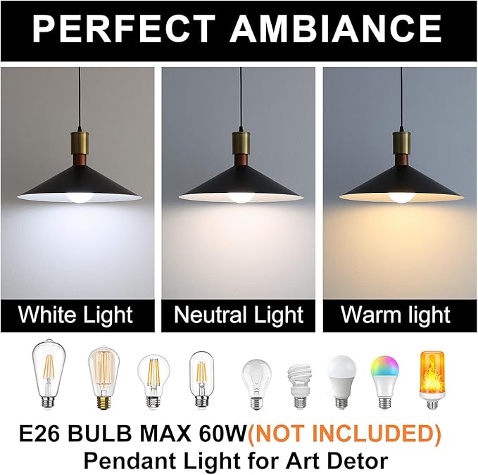 16 Inch Modern Black Pendant Light, Minimalist Cone Pendant Lamps
