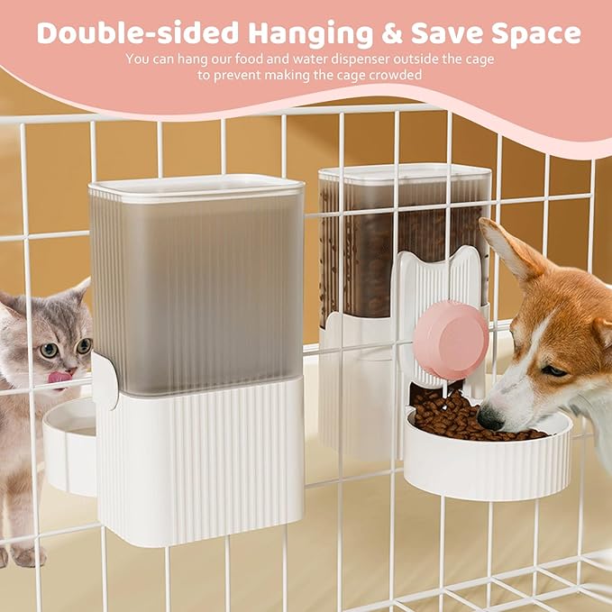 Hanging Cage Automatic Small Pet Food Bowl Water Bottle Dispenser, 1L Auto Gravity Pet Feeder and Waterer Set Kennel Feeding Station Crate Feeder Dish for Rabbit Puppy Cats Ferret (Pink)