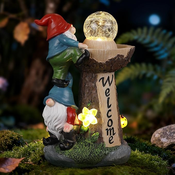 Solar Gnome Statue with Glowing Globe Light,Weatherproof Resin Garden Figurine Decor Auto On/Off - for Patio,Yard & Housewarming Gift (Reminder: IT is NOT A Real Fountain)