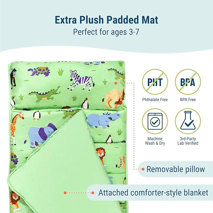 Wildkin Kids Microfiber Nap Mat – Soft Sleep Mat with Pillow, Ideal for School & Travel - Wild Animals