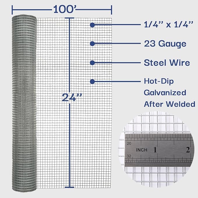 Hardware Cloth 1/4 in. x 2 ft. x 100 ft. 23-Gauge, Galvanized Wire Mesh Roll, Chicken Wire Fencing, Gopher Wire, Garden Fence, Rodent Mesh, Wire Mesh Fence Roll, Rabbit Wire
