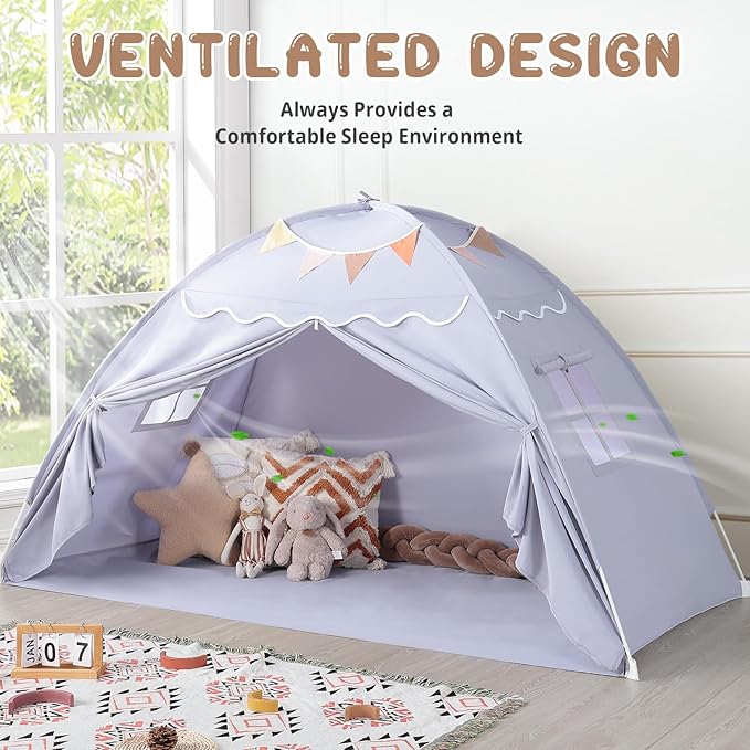 Sumbababy Toddler Bed Tent Canopy: Lights & Flags Indoor Floor Bed Kids Tent Playhouse - Portable & Foldable Twin Bunk Bed Curtains - Girls & Boys Bedroom Privacy Space Sleeping Tents Gifts (Gray)
