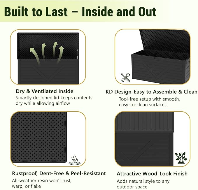 Outdoor Storage Box, 260 Gallon Deck Box Outdoor Storage Bench Outside Waterproof Resin Storage Bench, Lockable Patio Cushions, Garden Tools Storage For Furniture, UV Resistant(Black)