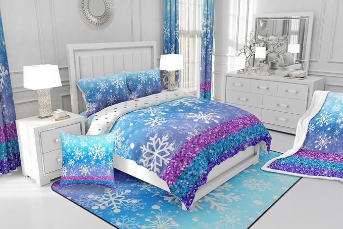 Feelyou Winter Snowflake Comforter Set All Season Glitter Print Bedding Set with 2 Pillow Cases Christmas Microfiber Kids King Bedclothes Holiday New Year Bedroom Decor Duvet Quilt Soft Lightweight