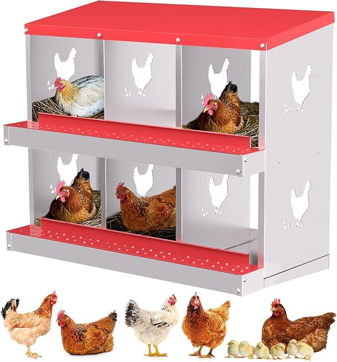 Metal Chicken Nesting Box, 6 Compartments, Rollout Egg Collection, Large Vented Holes, Perch Included, Wall Mount or Free Standing Laying Box for Hens and Chickens - Red